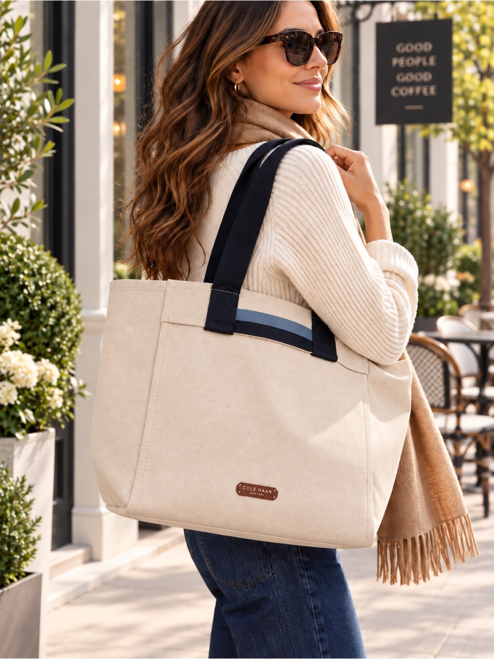 NWT Cole Haan York Canvas Tote Egret Ivory Navy Stripe Travel Shopper Bag